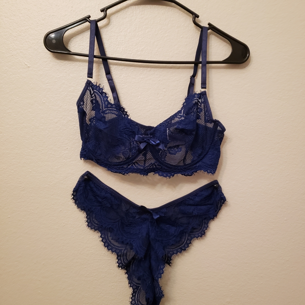 BUNDLE - FOUR SHEIN Women's Navy Purple And Red Lace Bra Lingerie Sets
